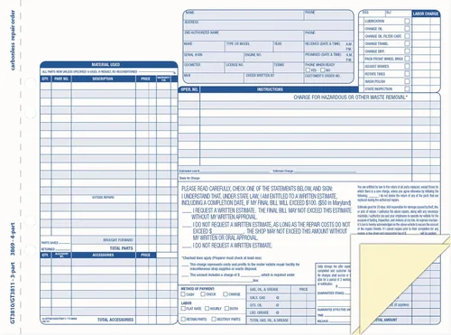 TOPS 3869 Formulario de pedido de cuatro partes de reparación de automóviles, 8 1/2 x 11, cuatro partes sin carbono (paquete de 50 formularios)