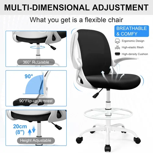 Miniatura 5 de Silla de dibujo alta de oficina con reposabrazos abatibles, altura ajustable y soporte lumbar mejorado, taburete ergonómico rodante, soporte
