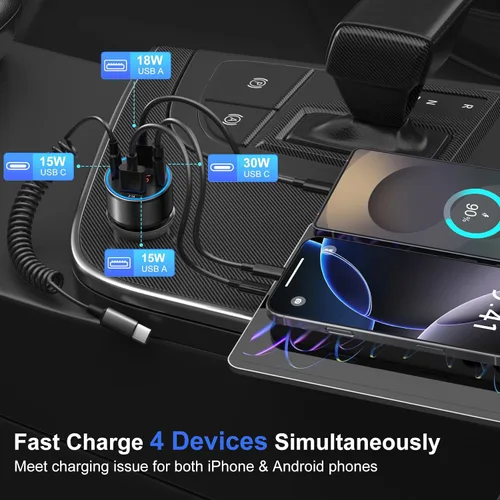 Miniatura 4 de Cargador de coche USB C, 4 puertos 65W Dual 12V USB-A y USB-C Cargador de teléfono para automóvil con voltímetro PD/QC 3.0 Cargador de encendedor