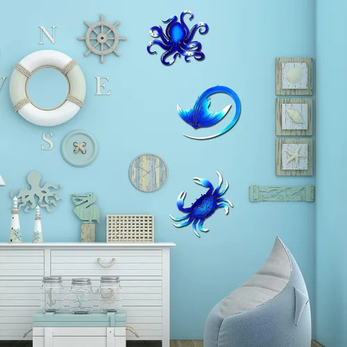 Miniatura 2 de BVLFOOK Decoración de pared de metal, pulpo, cangrejo, manta raya, océano náutico costero, decoración de San Valentín, concisa de 9 pulgadas, juego