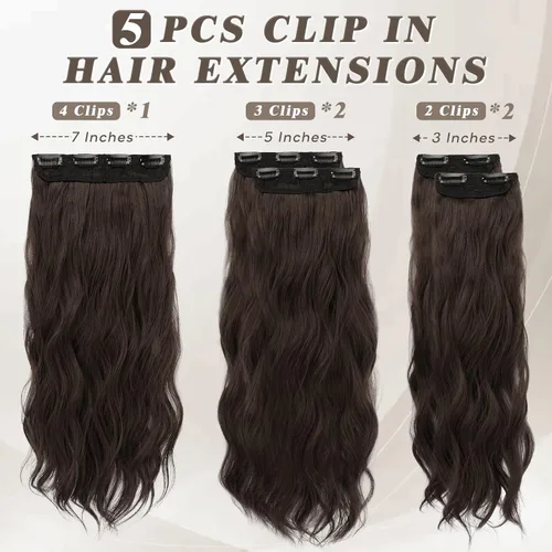 Miniatura 2 de BARSDAR Extensiones de cabello ondulado con clip, color marrón chocolate oscuro, extensiones de cabello con clip de 20 pulgadas para mujer, 5 piezas