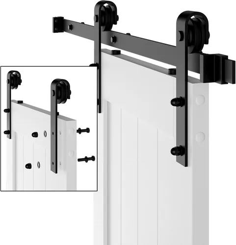 Miniatura 7 de Puerta corrediza de granero MDF de 24 x 84 pulgadas con kit de herrajes para puerta de granero de 4 pies y asa, agujeros preperforados, fácil Blanco