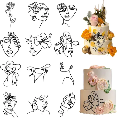 12 piezas de decoración de tarta de cara de dama, decoración bohemia de acrílico, 12 estilos, arte minimalista negro, decoración de pastel de cara