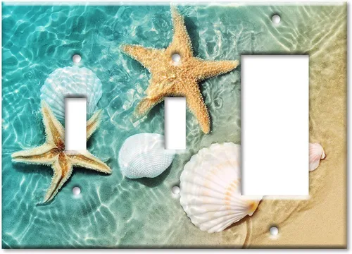 Miniatura 10 de Art Plates - Cubierta de placa de interruptor de luz de metal de 2 bandas - Placa de pared decorativa de dos bandas - Conchas de mar y peces