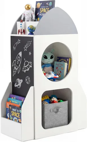 Miniatura 11 de Costzon Estantería elefante para niños, organizador de almacenamiento de juguetes de 3 niveles con pizarra, 5 cubos y juguete de ábaco de 3 filas