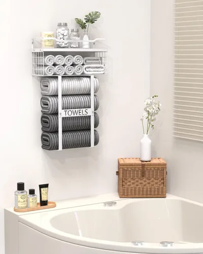 Miniatura 2 de Toalleros para baño montados en la pared - Juego de portotoallas de pared para baño sobre almacenamiento del inodoro, organizador de estante