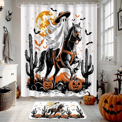 Miniatura 6 de Ticuenicoa Juego de 4 cortinas de ducha de Halloween con diseño de jinete fantasma, incluye cortina de ducha de 72 x 72 pulgadas, alfombras de baño