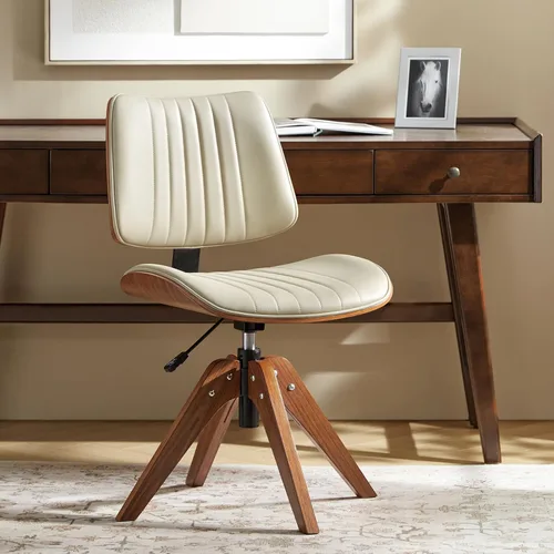 HULALA HOME Silla de oficina en casa de piel sintética con patas de madera maciza, silla de escritorio giratoria de 360°, sin ruedas con diseño de
