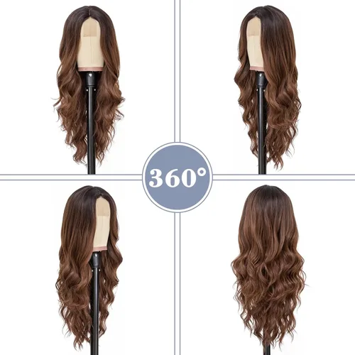 Miniatura 3 de NAYOO Peluca larga ondulada de color marrón degradado para mujer, de 26 pulgadas, parte media, rizada, ondulada, de aspecto natural, fibra sintética