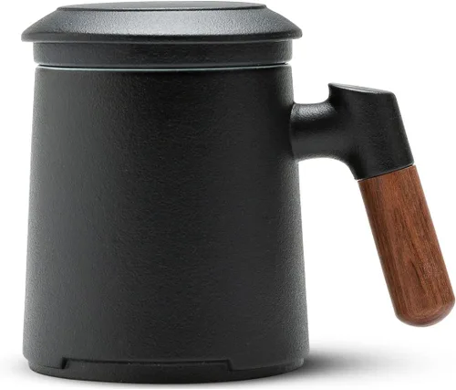 Miniatura 13 de ZENS Taza de Té de Cerámica en Relieve con Infusor y Tapa, 14.5 oz, Asa de Madera, Tazas Infusoras de Té de Hojas Sueltas y Colador para Regalos
