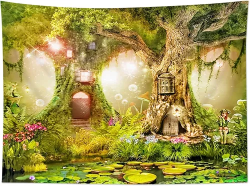Miniatura 2 de HVEST Tapiz de bosque de cuento de hadas para colgar en la pared, estanque de lirios de agua, árboles mágicos, casas en el país de los sueños, tapiz