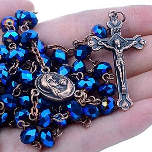 Miniatura 6 de Nazareth Store Collar de rosario de cuentas de cristal azul profundo, oración católica Jerusalén, medalla del suelo sagrado, cruz Tierra Santa