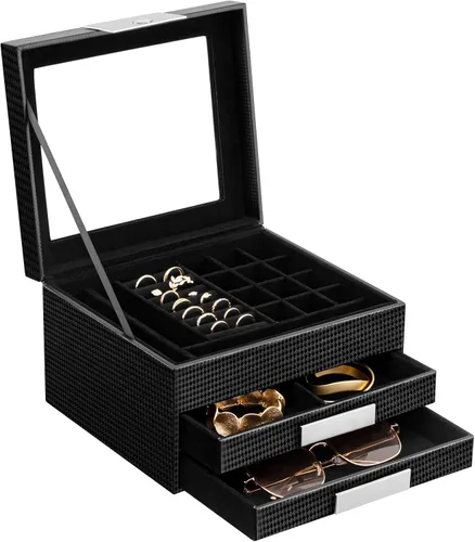 Oyydecor Joyero con tapa de cristal, organizador de joyas de piel sintética de 3 niveles para mujer con 2 cajones, estuche de joyería de maquillaje