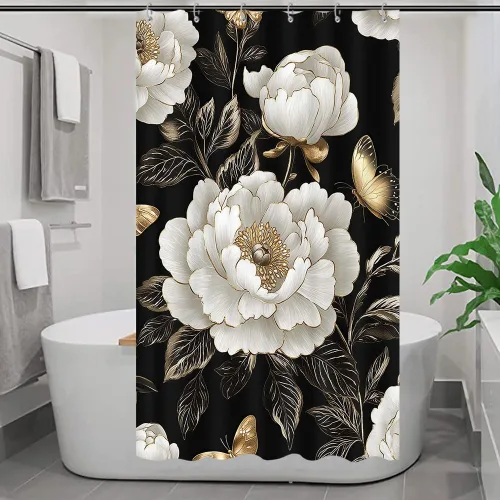 Miniatura 33 de Cortina de ducha de mariposa floral negra y dorada, cortina de ducha bohemia con diseño botánico de flores oscuras para baño con gancho, juego