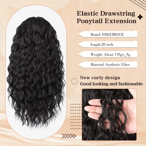 Miniatura 5 de FREEMEIGE Extensión de Cola de Caballo Rizada con Cordón de 20 Pulgadas, Extensiones de Cabello Ondulado con Cordón, Extensiones de Cola de Caballo
