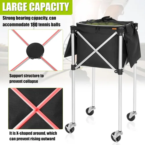 Miniatura 3 de Carrito plegable para pelotas de tenis con capacidad para 180 pelotas de tenis con ruedas, carros de enseñanza deportivos con bolsa