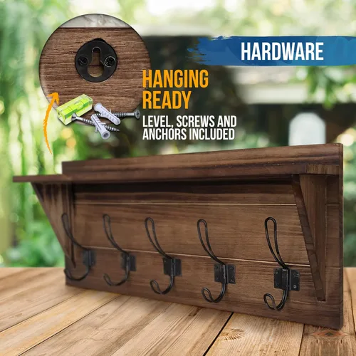 Miniatura 3 de HBCY Creations Perchero de pared de madera maciza color marrón rústico con estante, 5 ganchos, 24 pulgadas de largo, cocina, vestíbulo, entrada