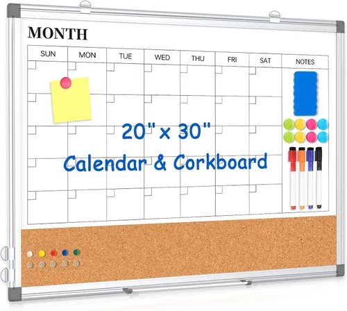 Miniatura 10 de Pizarra Blanca de Calendario Mensual de Borrado en Seco Combinada con Tablero de Corcho para Pared, 24" x 18" Calendario de Pizarra Blanca de Doble