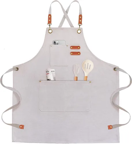 Miniatura 9 de OUNLEN Delantal de Chef para Hombres y Mujeres de Lona con 3 Bolsillos, Delantal Resistente de Trabajo con Espalda Cruzada para Cocinar