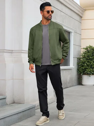 Miniatura 5 de Runcati Chaqueta bomber de gamuza para hombre, con cremallera completa, casual, softshell, chaqueta universitaria, ligera, vintage, abrigo de otoño