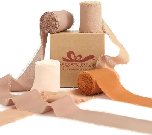 Miniatura 22 de Pretty Jolly Cinta de gasa beige para envolver regalos, 3 rollos de 2 pulgadas x 7 yardas, cinta de tela de seda hecha a mano con flecos para ramo