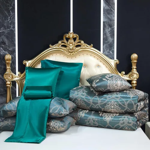Miniatura 6 de Juego de edredón Queen de jacquard verde, juego de sábanas, elegante juego de ropa de cama de 8 piezas bordado, diseño floral neoclásico, decoración