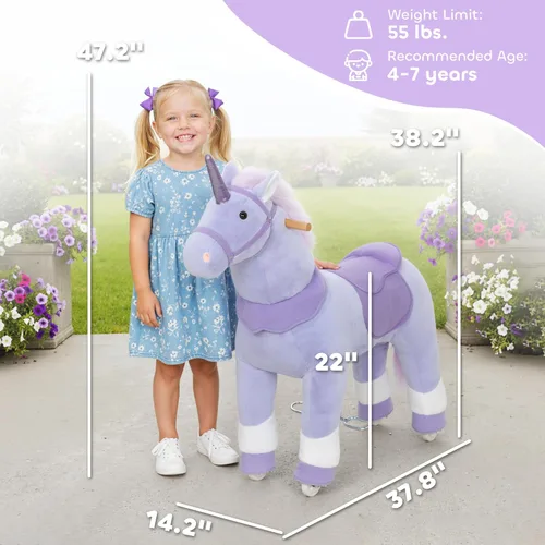 Miniatura 7 de Qaba Caballo de montar para niños de 4 a 7 años, unicornio de felpa de 37.8 pulgadas de altura, animal caballo que camina con ruedas rodantes