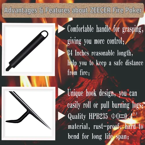 Miniatura 5 de Póquer de fuego para hogueras, póker resistente de acero sólido de 34 pulgadas, diseño extraíble portátil para hogueras, chimeneas al aire libre