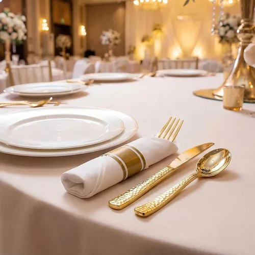 Miniatura 7 de WELLIFE Paquete de 50 cubiertos de plástico dorado, servilletas preenrolladas con cubiertos dorados, cubiertos martillados dorados desechables