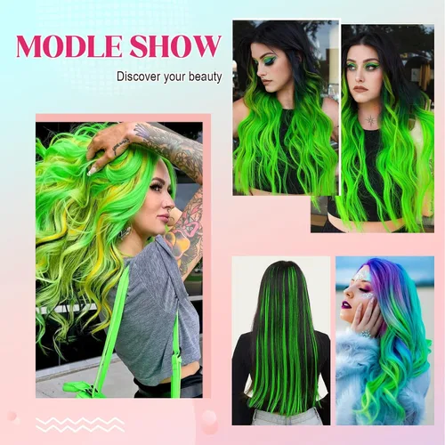 Miniatura 6 de FELENDY 12 extensiones de cabello con clip de color, lacio, ondulado, sintético, para mujer, verde claro