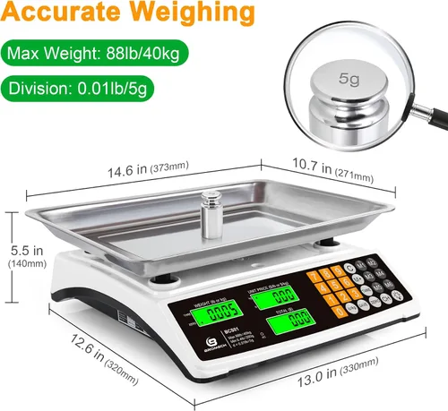 Miniatura 4 de Báscula de cálculo de precios 88lb/40kg Báscula comercial de alimentos para productos agrícolas y carne con plataforma grande de acero inoxidable