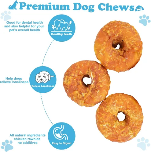 Miniatura 2 de Golosinas para perros de larga duración para perros grandes, dientes limpios envueltos en pollo, donas de cuero crudo, 1 lb/454 g