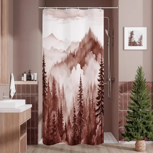 Miniatura 16 de Litabel - Cortina de ducha negra pequeña de 36 x 72 pulgadas, diseño de bosque de pino neblinoso, cortinas de ducha estrechas de medio