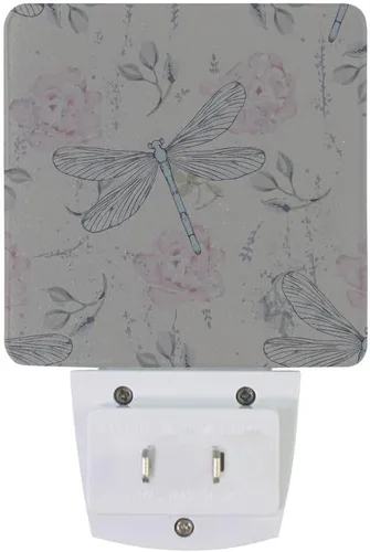 Miniatura 2 de Lámpara de noche LED enchufable con sensor de luz, libélulas florales grungy, luz blanca, paquete de 2 unidades, para pasillo, baño, dormitorio