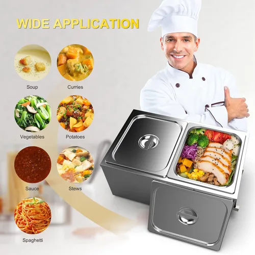 Miniatura 7 de Valgus Bain Marie Buffet de acero inoxidable de grado comercial, 2 secciones, 19 cuartos de galón, calentador de alimentos, mesa de vapor con tapa