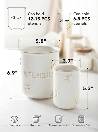 Miniatura 5 de LE TAUCI Juego de 2 soportes para utensilios de cocina de 6.9 + 5.3 pulgadas, organizador grande de utensilios de cocina de cerámica para espátula
