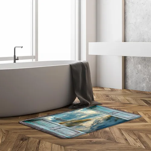 Miniatura 2 de Tapete de baño costero con diseño de playa y océano, estilo rústico, color verde azulado, puerta de granero hawaiana, puesta de sol, olas de mar