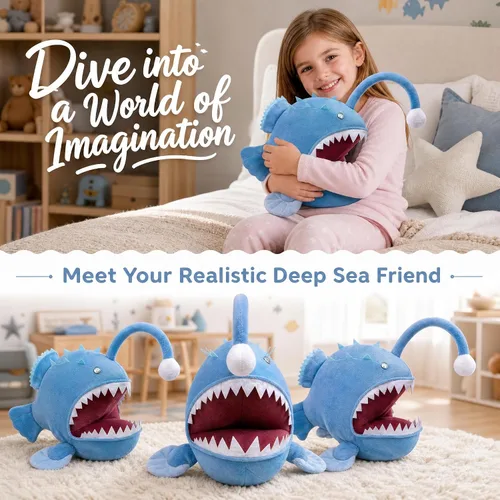 Miniatura 4 de Juguete de peluche de pez pescador – Lindo pez pescador azul de 12 pulgadas, juguetes de peluche real de la vida marina, pez linterna, juguetes