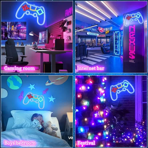 Miniatura 6 de Vicloon Letrero de neón para jugadores, luz de neón con forma de controlador de juego, luz de pared LED alimentada por USB/batería para decoración