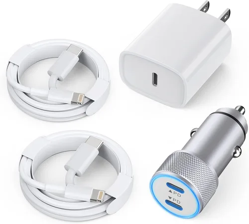 Cargador de coche para iPhone, cargador rápido USB C de doble puerto, cargador de teléfono tipo C i de 40 W para autos de carga rápida+2 cables
