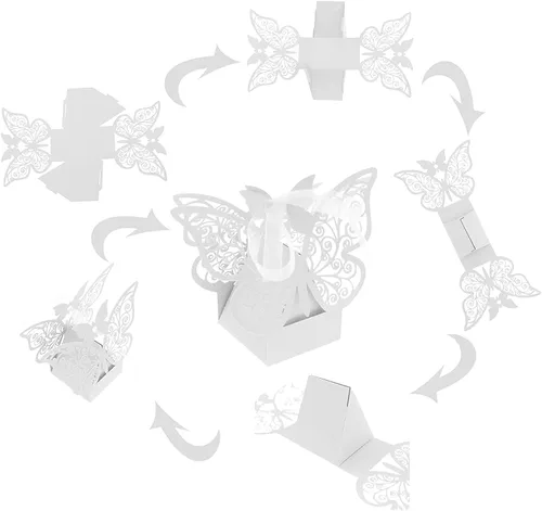Miniatura 3 de Auto-plaza 50 cajas de regalo de mariposa cortadas con láser, cajas de dulces con cintas (beige)