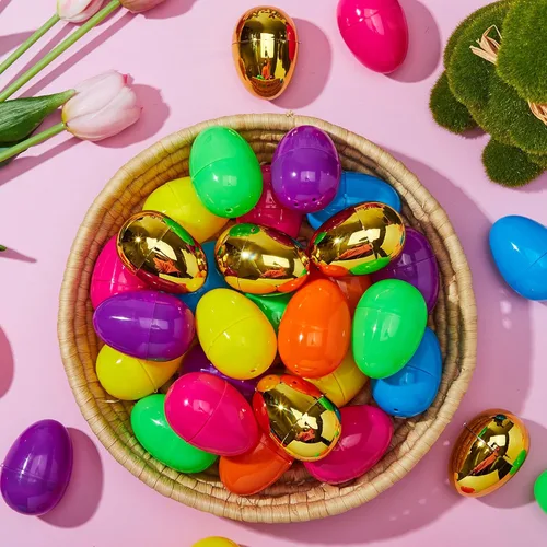 Miniatura 6 de JOYIN 500 huevos de Pascua de plástico, vacíos de 2.3 pulgadas, 494 piezas coloridos con 6 huevos dorados, rellenables a granel para caza de Pascua