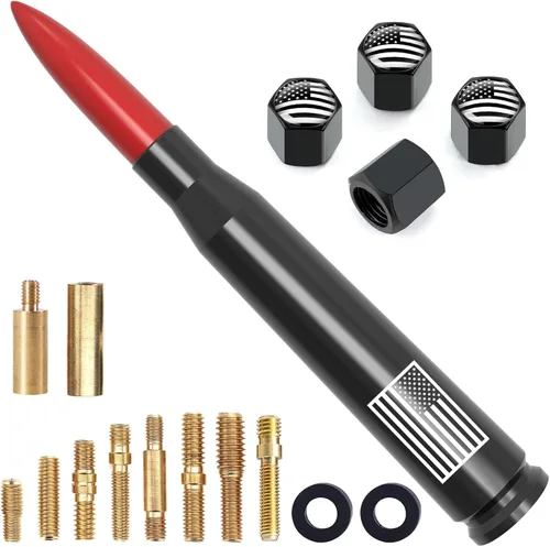 Miniatura 14 de Antena de camión para automóvil con tapas de válvula de neumáticos, bandera estadounidense, repuesto corto universal para GMC Sierra, Chevy, Negro