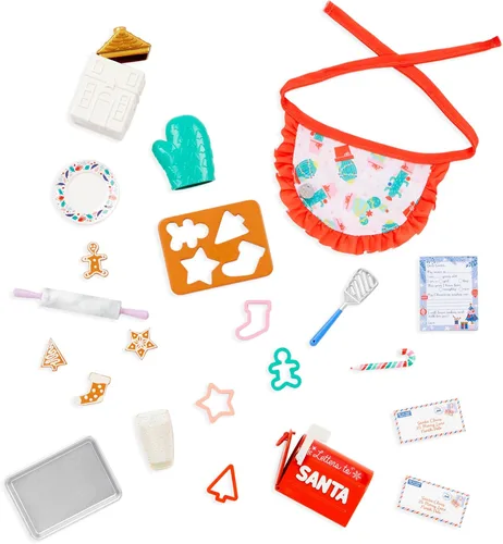 Glitter Girls Accesorios para muñecas de 14 pulgadas - Juego de galletas navideñas - Juego de 23 piezas para hornear - Delantal, guante de horno y
