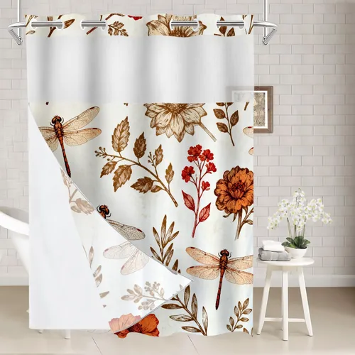 Miniatura 32 de Batmerry Cortina de ducha decorativa botánica con hojas blancas, flores románticas, borde victoriano, libélula y flores silvestres, bonita y ancha