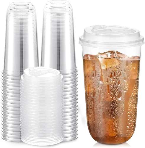 Miniatura 18 de Baderke 50 juegos de vasos de plástico transparente de 16 onzas con tapas, tazas de café helado resistentes con tapas, vasos de plástico desechables