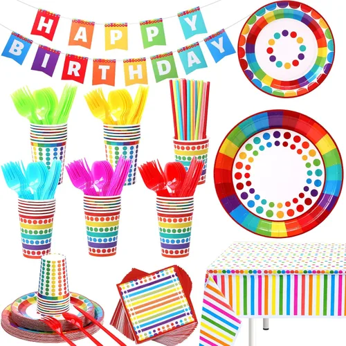Miniatura 8 de Sepamoon 258 piezas de suministros para fiesta de cumpleaños estilo arco iris, decoraciones de cumpleaños, juego de vajilla incluye platos de fiesta