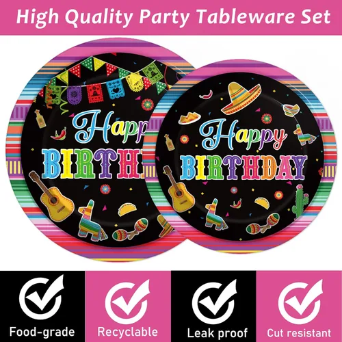 Miniatura 3 de Tevxj Juego de vajilla de 96 piezas para fiesta mexicana de feliz cumpleaños, platos de postre desechables, platos de fiesta, servilletas, tenedores