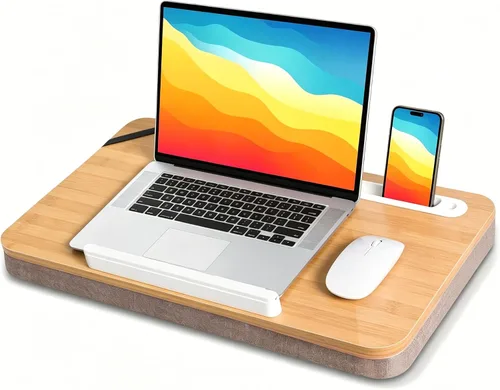 Miniatura 8 de Wooden Lap Desk with Handle, Natural Wood Grain Finish, Portable Laptop Table with pohone Slots