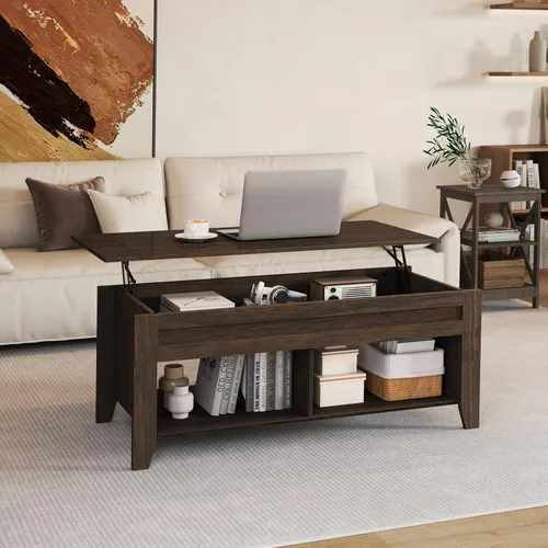Miniatura 2 de Yaheetech Mesa de Centro con Tapa Elevable con Compartimento de Almacenamiento Oculto y 2 Estantes Abiertos, Tablero Elevable Mesa Central Emergente